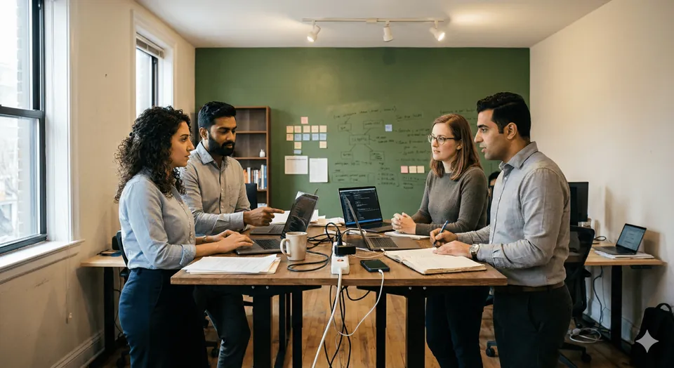 The Wise Minds team in a discussion around a table at the office